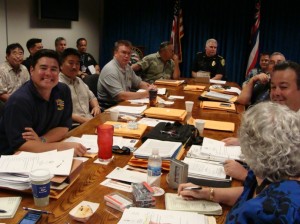 Maui Police Chief Tom Phillips provides a department update to commission members. The commission also heard testimony on applicants for Chief of Police. A new chief is expected to be selected=