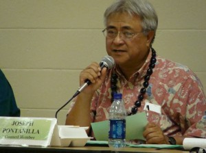 File Photo: Budget Chair Joe Pontanilla speaks to the public at a hearing held at the Lahaina Civic Center earlier in the budget process calling for support in maintaining the county's share of the hotel room tax or TAT. Photo by Wendy OSHER 2009.