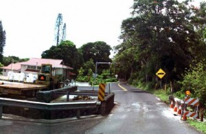 The existing one-lane culvert bridge on Hana Highway near the Uakea Road intersection will be widened to two lanes under the proposed DOT plan. The proposed changes are expected to allow for improved response times of large emergency vehicles at the neighboring Hana Fire Station and the Hana Police Station. Photo courtesy, Hawaii DOT.