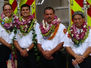 Maui's newest Battalion Chiefs, James Kino, Valeriano Martin, Derrick Arruda, and Karl Kubo were promoted to thier new posts during a badge pinning ceremony on Wednesday. Photo by Wendy Osher.