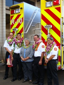 Mayor Tavares poses with newly promoted Fire battalion chiefs (L-R) James “Kimo†Kino, Valeriano Martin, Derrick Arruda and Karl Kubo. Photo by Wendy Osher.
