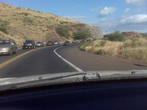 Image of today's traffic slowdown courtesy: Pat Sensano. Traffic slowed following a small brush fire reported in Olowalu shortly before 3 p.m.