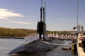 GROTON, Conn. (May 5, 2007) - Sailors "man the ship" and officially bring the newest Virginia-class nuclear attack submarine USS Hawaii (SSN 776) to life during her commissioning ceremony. Hawaii is the third Virginia-class submarine to be commissioned and part of the first major U.S. Navy combatant vessel class designed with the post-Cold War security environment in mind. U.S. Navy photo by Chief Mass Communication Specialist Shawn P. Eklund