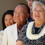 U.S. Senator Daniel Inouye (left) and Maui Mayor Charmaine Tavares (right) participate in the blessing ceremony for Maui’s newest supercomputer. Photo by Wendy Osher.