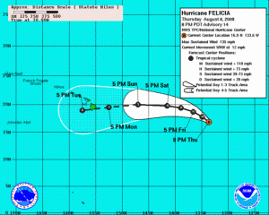 (Click to enlarge image. 5 day cone projection updated at 11 a.m. HST Sat AUG 8 2009. Image Courtesy The National Weather Service and NOAA)