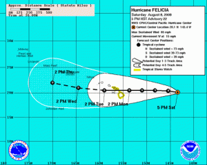 Click to enlarge image. 5-day cone projection updated at 6:40 p.m. Sat. August 8, 2009. Image courtesy NOAA, & The National Hurricane Center)