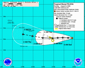 (Click to enlarge image. Image updated at 5 a.m. HST Sunday August 9, 2009. Image courtesy the National Weather Service and NOAA)