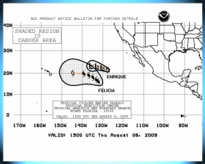 (Click on Image to enlarge. Map for mariners indicating danger area from Felicia as of 11 a.m. 8/6/09. Image Courtesy: NOAA, The National Weather Service and The National Hurricane Center.)