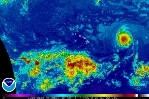 (Click on Image to enlarge. Satellite imagery updated at 11 a.m. HST. Image courtesy The National Weather Service & NOAA)