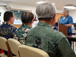 Maui Mayor Charmaine Tavares unveiled her version of the Budget in March, presenting the document to members of the Maui County Council. File Photo by Wendy Osher.