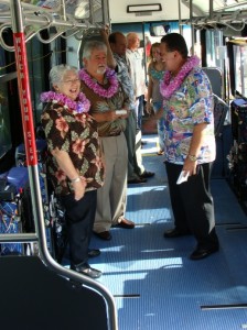 Maui Mayor Charmaine Tavares joins Ry Barbin and Maui Councilmember Michael Victorino in touring one of two new buses dedicated today to meet increase ridership. Photo by Wendy Osher.