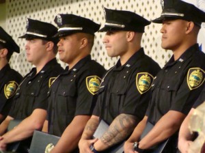 Members of the Maui Police Department 71st Recruit Class include: Brandon Asuega-Stark, Michael Bocon II, Aly Miyashiro, Miguel Munoz, Joshua Nascimento, Marvin Tevaga, Edward Ferreira, Joshua Kalb, Angela Kahoohanohano, Devin Pagaduan, and David Pachico. Photo by Wendy Osher.