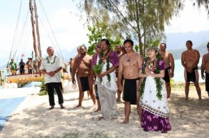Hakipuu ohana perform a chant to welcome His Holiness the 14th Dalai Lama to Kualoa Regional Park