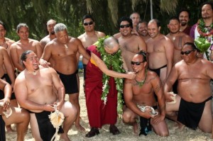 His Holiness jokes with members of the Hokulea crew following the Earth Blessing and Consecration