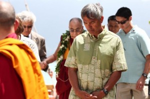 Nainoa Thompson, president of the Polynesian Voyaging Society takes in the Earth Blessing