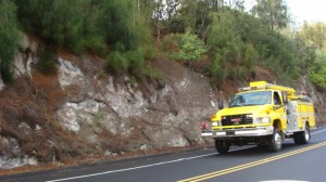Fire crews respond to reports of a vehicle over the cliff at MP 10 of the Kahekili Highway on Maui. Photo by Wendy Osher..