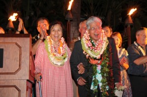 Senator Daniel K. Akaka and his wife Millie Akaka after singing Hawaii Aloha with supporters. Photo courtesy Troy Hashimoto and Hawaii Democratic Party.