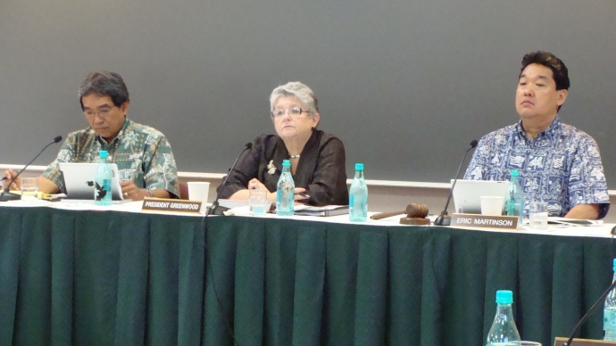 UH President M.R.C. Greenwood (center) and UH Regents at a recent Board meeting on Maui. File photo by Wendy Osher.