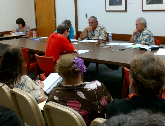 PLDC hearing on O'ahu. There was also an overflow area set up outside the room with a TV screen for those that were unable to fit in the public hearing room. Photo courtesy Mahina Martin.