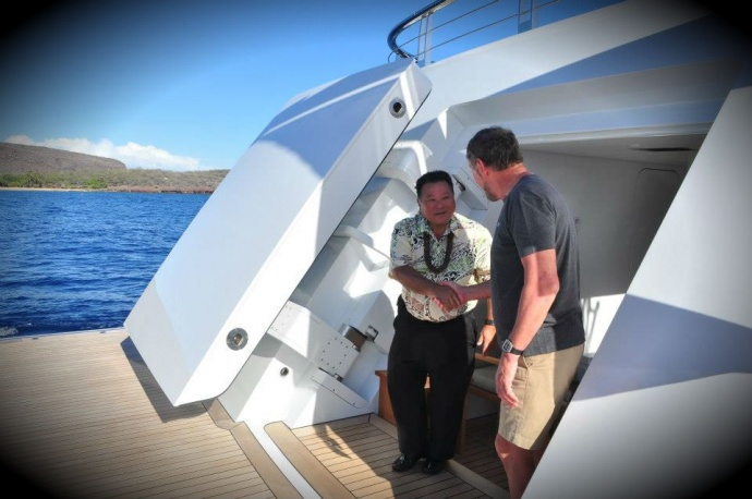 Mayor Alan Arakawa meets with Larry Ellison off the coast of Lanai. Photo courtesy County of Maui, Feb. 19, 2013.