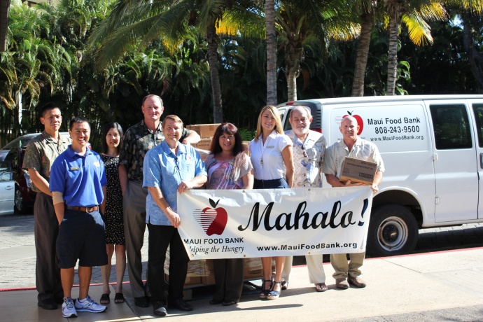 Wailea Marriott F&B Manager, Lawrence Wong Wailea Marriott’s F&B Supervisor, Kyle Arai Executive Secretary, Kiyo Miller Director of Sales & Marketing. Scott Obley Maui Food Bank’s Keith Wright Wailea Marriott’s Nalani Aki and Katherine Gaul Maui Food Bank Board Chairman Mark Harbison Maui Food Bank Executive Director, Richard Yust.