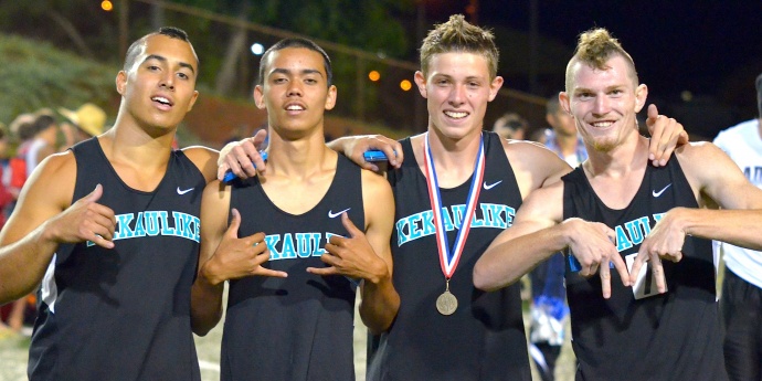 King Kekaulike's 4 x 400 relay team that finished in the finals Saturday in 3:25.25 seconds. From left, Jay Braun, Corry Brown, Jake Jacobs, and Keegan Gregg. Photo by Rodney S. Yap.