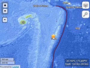 Tonga/Fiji region earthquake, 11:08 a.m. HST May 23, 2013. Map imagery courtesy USGS/ powered by Leaflet.