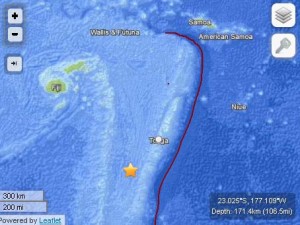 Tonga/Fiji region earthquake, May 23, 2013. Map imagery courtesy USGS/ powered by Leaflet.