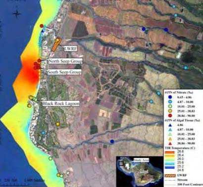 ES-6: Infrared SST showing values of terestrial and marine waters, and the intertidal macroalgae. Image courtesy Tracer Study report conducted by UH for state DOH, and US EPA. Access to report provided by Earthjustice.