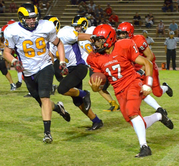 Lahainaluna's Christian Whitehead rushed for 119 yards and two touchdowns on 11 carries Saturday at War Memorial Stadium. The Lunas defeated Mt. Douglas of Vancouver, B.C., 28-0. Photo by Rodney S. Yap.