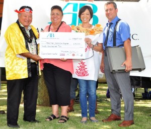 Mayor and Housing Director Jo-Ann Ridao receive donation from A&B’s Meredith Ching (second from right) and Rick Volner. Photo courtesy: County of Maui / Ryan Piros.