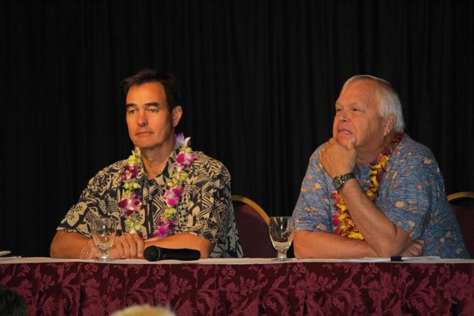 Dr. Ken Miller, Chief Investment Strategist and Director of Investment Services for First Hawaiian Bank (left), and Dr. Jack Suyderhoud, Professor of Business Economics at Shidler College of Business at the University of Hawai'i. Photo by Wendy Osher.