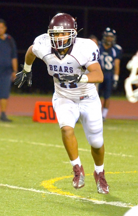 Baldwin middle linebacker Nohea Keahi moves to the ball during Friday's game at Kamehameha Maui. Photo by Rodney S. Yap.
