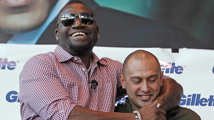 David Ortiz and Shane Victorino mug for the cameras after getting their faces shaved during the Gillette Beard Shave-Off earlier this month. Photo by Matt Stone / Boston Herald.com.