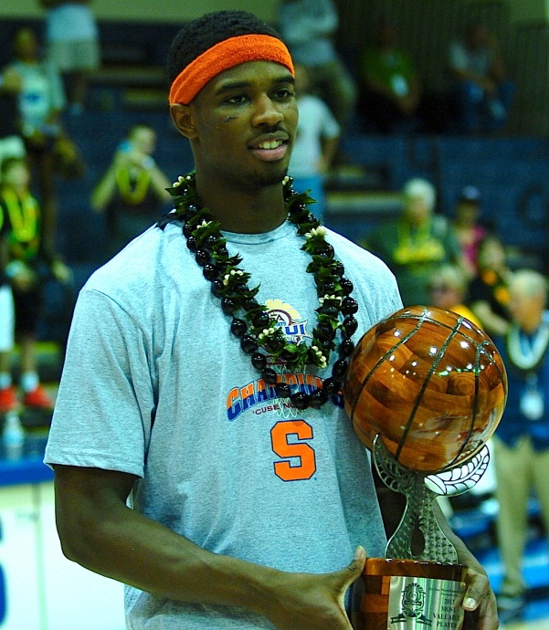 Syracuse C.J. Fair holds the tournament MVP trophy Wednesday at the Lahaina Civic Center. Photo by Joel B. Tamayo.