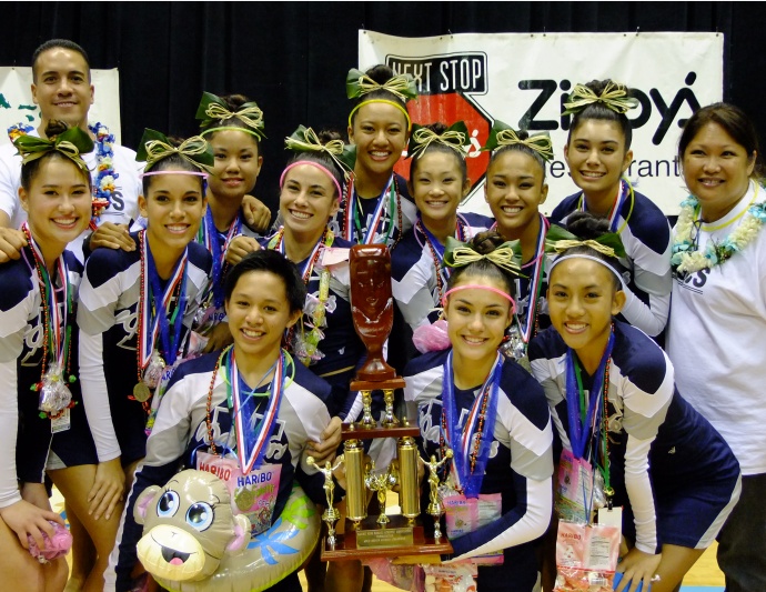 KS Maui team, from left, front row, Chaston Abut, Hannah Patrick, and Acacia Coloma-Mariano. Second row, Rachel Kaulupali, coach Kealii Molina, Jocelyn Aipa, Jessica Walker, Moana Astronomo, Halia Kekuewa, Ashlee Sawai, Kayla Sniffen, Kalea Borling, and coach Ann Saffery. Photo by Lokelani Patrick / KSM.
