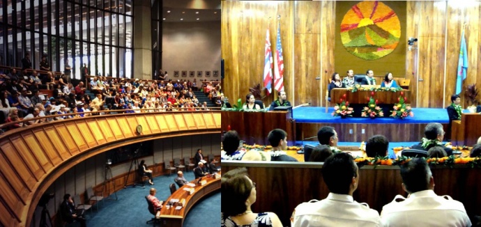 File photos by Mileka Lincoln (file photo state legislature, left); and Wendy Osher (Maui council chambers, right).