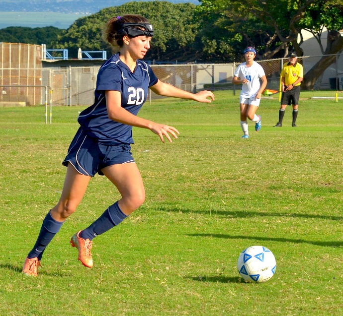 Kamehameha Schools Maui girls soccer team is led by senior Lily Higashino and sophomore Quinn Williams (above), the MIL's leading goal scorer. Photo by Rodney S. Yap.