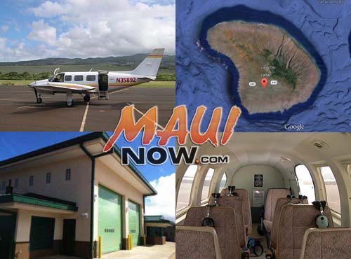 File images of company craft, courtesy Maui Air website; Lanai Map courtesy Google Earth; Lanai Airport Aircraft Rescue and Firefighting Station file image.