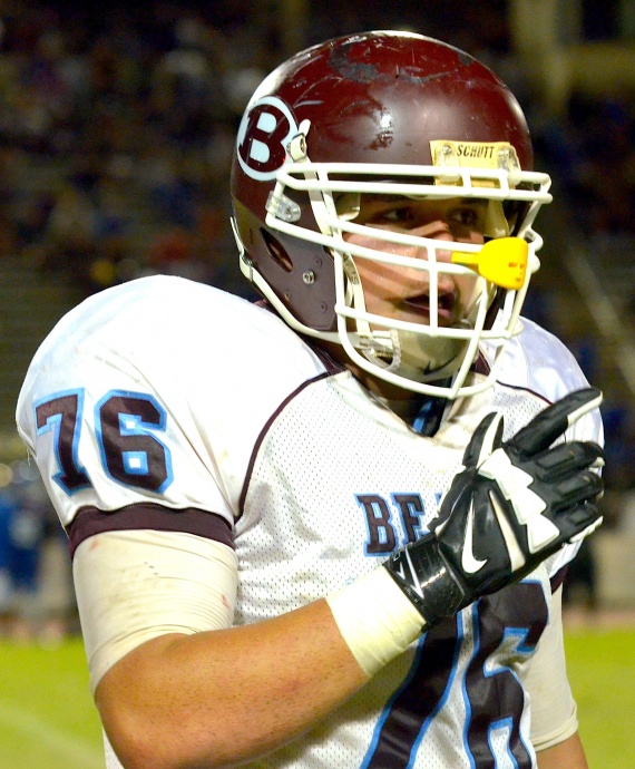 Baldwin's Miki Fifita on the sidelines following an offensive series against Maui High last year. Photo by Rodney S. Yap.