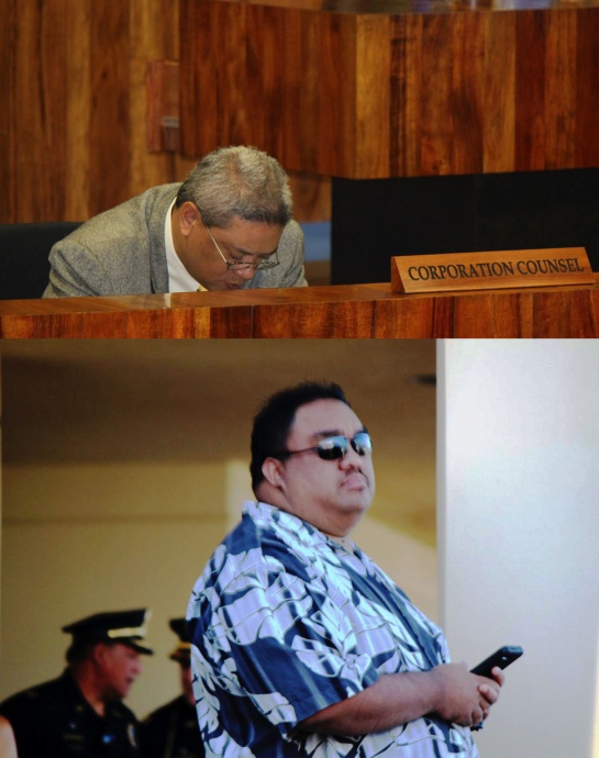 Council members discuss whether the issue is that of cyber bullying or a first amendment issue during council proceedings on Friday, April 4, 2014. Corporation Council Patrick Wong (top), photo by Wendy Osher. Neldon Mamuad (bottom) Maui Now photo.