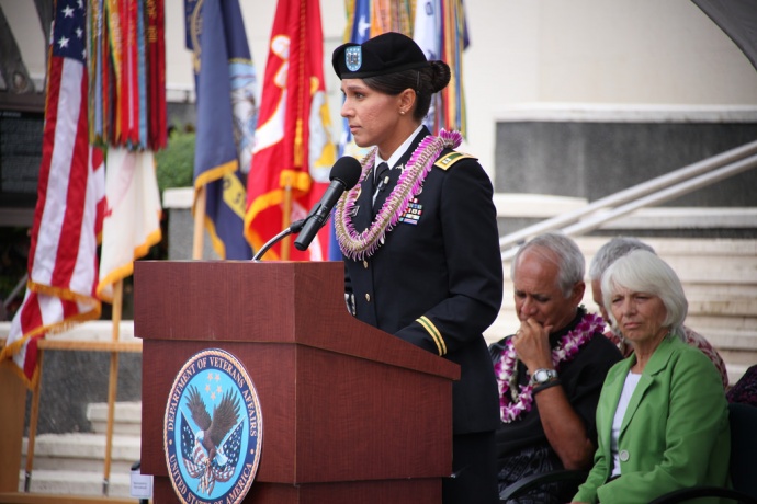 Congresswoman Tulsi Gabbard delivered keynote remarks and presented a wreath at the Roll Call of Honor Memorial Day Ceremony at Punchbowl on Oʻahu on Sunday, May 25. She is among the dignitaries scheduled to attend the Memorial Day event at the Makawao Veteran's Cemetery on Maui on Monday, May 26, 2014. Courtesy Photo.