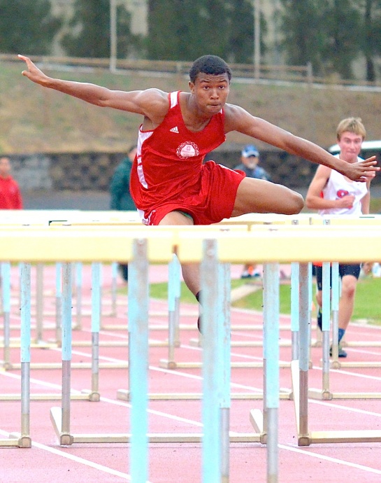 Lahainaluna High School hurdler Emerson Liburd is the states top qualifier in the boys 110 high hurdles. File photo by Rodney S. Yap.