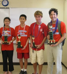 Seabury Hall State Math Bowl champs: (L-R) Jasmine Doan, Jesse Doan, Fletcher Prouty and Mr. Mitch Krulewich. Courtesy photo.