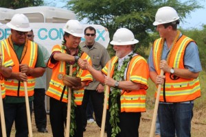 Lieutenant Governor Shan Tsutsui shakes hands with Governor Neil Abercrombie as they participate in the groundbreaking of the Central Maui Regional Sports Complex. Photo by Wendy Osher.