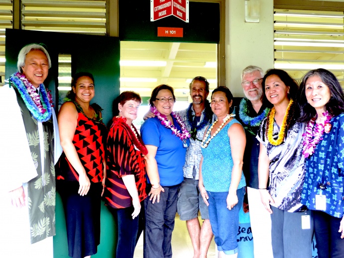 Kahu Kalani Wong; Kaina Bonacorsi, Maui County Early Childhood Resource Coordinator, Dr. Vicki Draeger, MFSS, Poni Medeiros, Educational Coordinator, Kamehameha Schools Community Based Early Childhood Education; Rick Rutiz, Director, Ma Ka Hana Ka `Ike, Kim Baker, MFSS; Rick Paul, Principal, Hana High and Elementary School; Edel Baguio-Larena, MFSS; Christine Jackson, Executive Office on Early Learning. Courtesy photo.