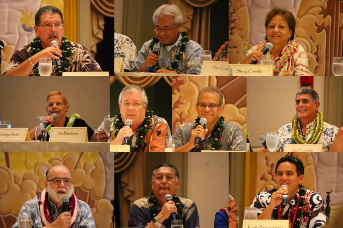 Candidates voicing opposition to GMO initiative. Top row (l to r): Mike Victorino, Joe Pontanilla, Stacy Crivello. Middle row: Gladys Baisa, Don Couch, Mike Molina, Joe Blackburn. Bottom row: Robert Carroll, G Riki Hokama, and Kaʻala Buenconsejo. Photos by Wendy Osher.