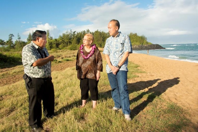 Site visit 11/1/14 at Paia beachfront acreage (Mayor Alan Arakawa, Council Chair Gladys Baisa and Grant Chun, Vice President, A&B Properties, Inc.). Photo credit: County of Maui / Ryan Piros.