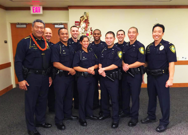 Front row (L to R): Chief Tivoli Faaumu, Officer Manuel Sorcy, Officer Bethany Cravalho, Officer Shaun Shiraki, Officer Devin Schoeppner, Lieutenant Gregg Okamoto. Back row: Officer Dumitru Vandici, Officer Jacob Kartchner, Officer Kawika Ornellas, and Officer Matthew Naeole. Photo courtesy Maui Police.