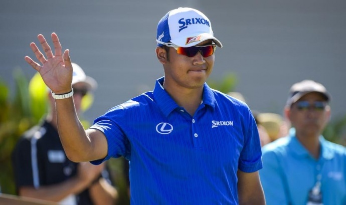 Hideki Matsuyama of Japan is introduced on the first hole during the final round of the Hyundai Tournament of Champions at Plantation Course at Kapalua on Monday. Photo by Stan Badz/PGA TOUR.